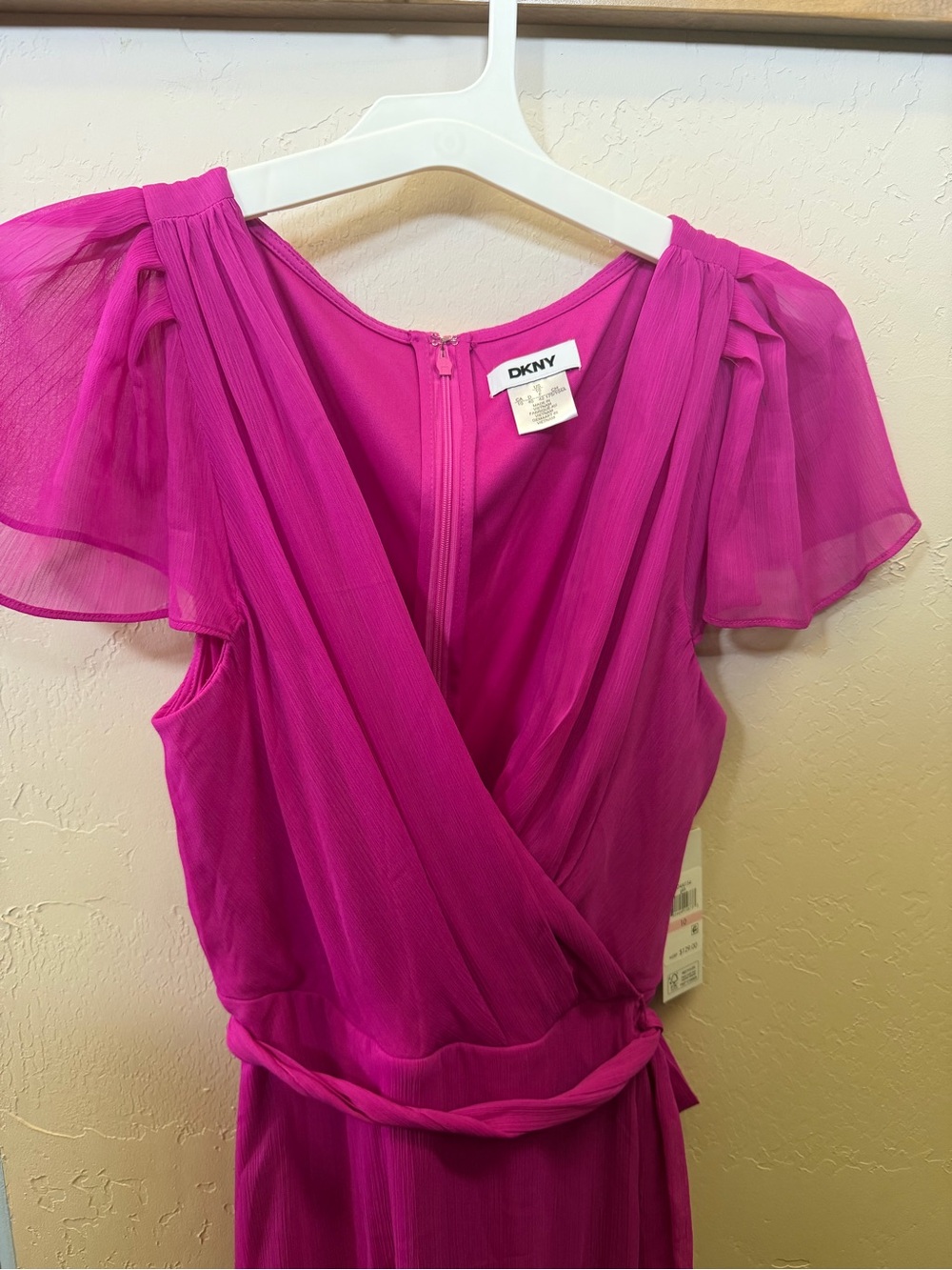 NWT DKNY Fuchsia Chiffon Faux Wrap Midi Dress Flutter Sleeve Size 10